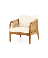 Acacia & Wicker Outdoor Club Chair, Soft Cushion, Brown & Beige