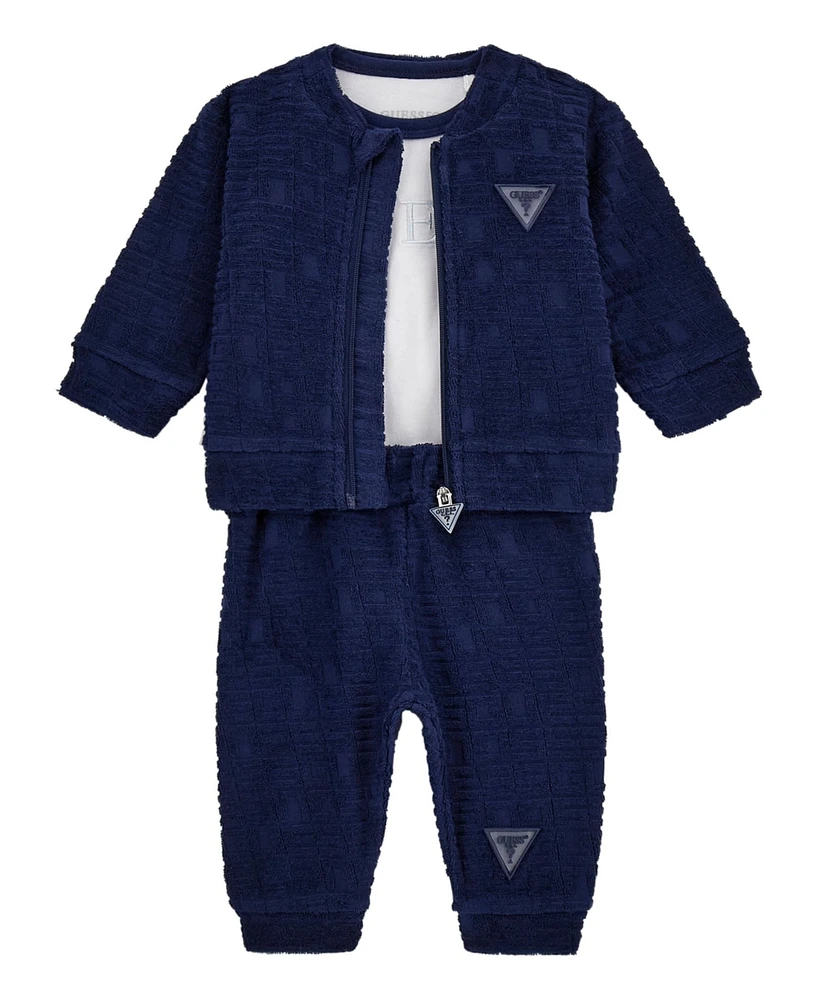 Guess Baby Boys 3-Piece Long Sleeve Bodysuit, Jacquard Zip-Up Sweatshirt, and Pants Set