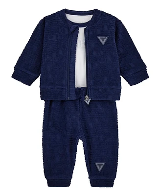 Guess Baby Boys 3-Piece Long Sleeve Bodysuit, Jacquard Zip-Up Sweatshirt, and Pants Set