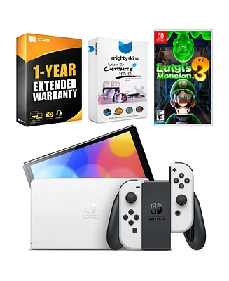 Nintendo Switch White Oled Console with Luigi's Mansion 3, MightySkins Console and Controller Skin Voucher, and 1 Year Cps Extended Warranty