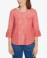 Alfred Dunner Petite El Paso Diamond Textured Spliced Bell Sleeve Top