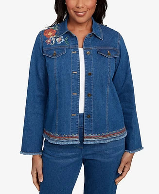 Alfred Dunner Petite El Paso Floral Vine Embroidered Border Denim Jacket