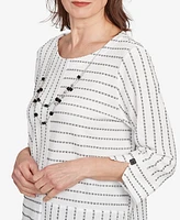 Alfred Dunner Petite Santa Barbara Splice Textured Stripe Crew Neck Top with Necklace