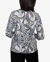 Alfred Dunner Petite Santa Barbara Reversible Paisley Crew Neck Top with Necklace