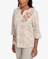 Alfred Dunner Petite Copper Canyon Printed Floral Bell Sleeve Embroidered Top