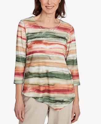 Alfred Dunner Petite Copper Canyon Watercolor Stripe Crew Neck Top