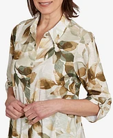 Alfred Dunner Petite Copper Canyon Knit Leaf Button Front Collared Top