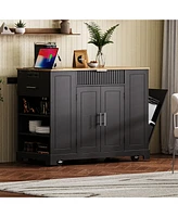 Fluted Kitchen Island Cart: Trash Storage, Power, Drawers