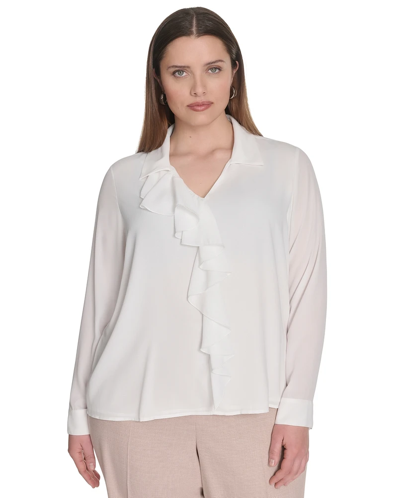Calvin Klein Plus Georgette Long-Sleeve Ruffle-Front Blouse