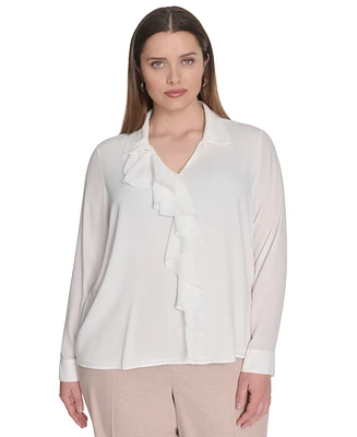 Calvin Klein Plus Georgette Long-Sleeve Ruffle-Front Blouse