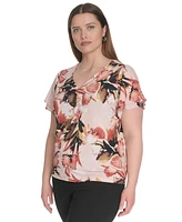 Calvin Klein Plus Placed-Print Flutter-Sleeve Top