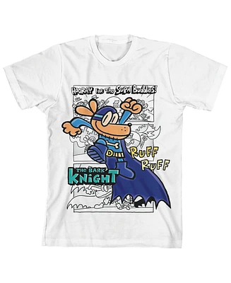 Dog Man Boys Hand-Drawn Bark Knight & Logo Youth White Crew Neck Short Sleeve T-shirt-xl