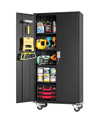Veripco Garage Storage Cabinets with Locking Doors and 4 Adjustable Shelves, Metal Storage Cabinets with Wheels for Garage, Office, Kitchen, Laundry&U