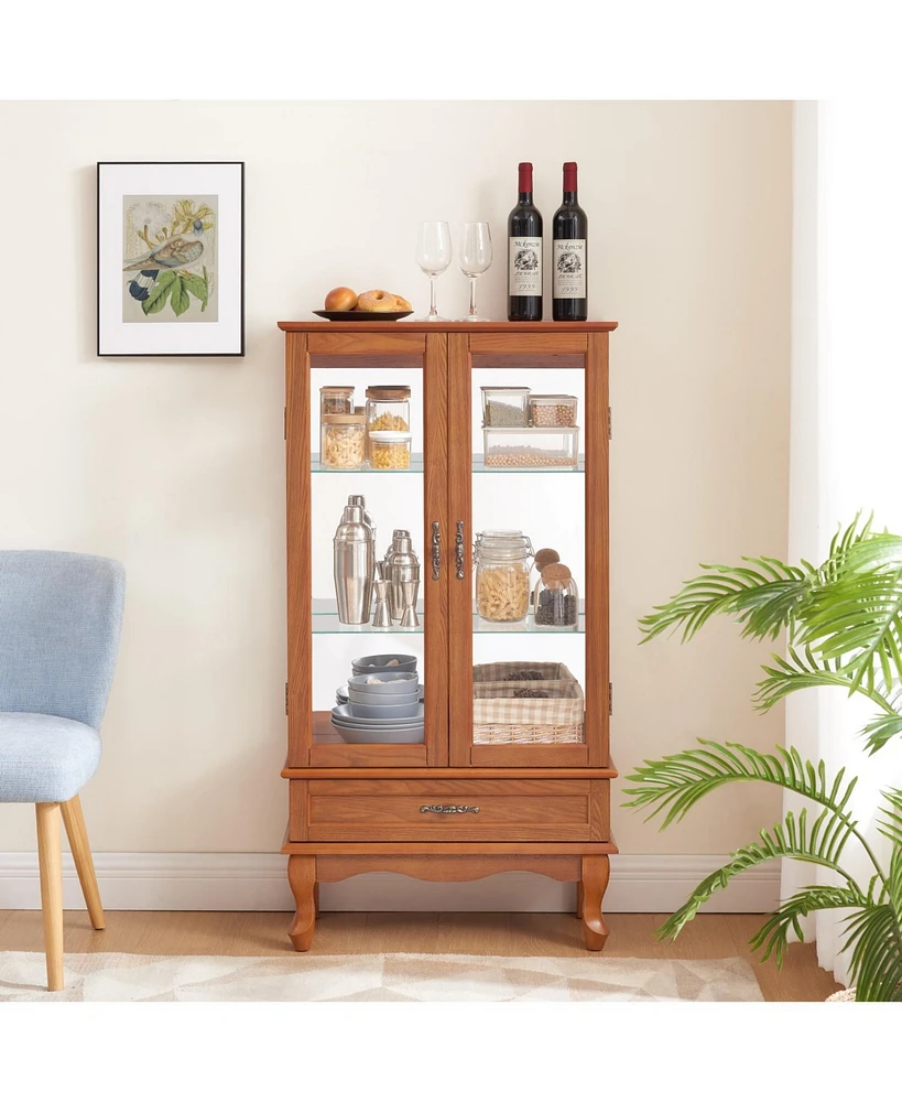 Lighted Glass Cabinet Glass Wine Cabinet Curio Display Cabinet with Adjustable Glass Shelves 2 Doors and 1 drawer Cabinet Bulb Included Oak