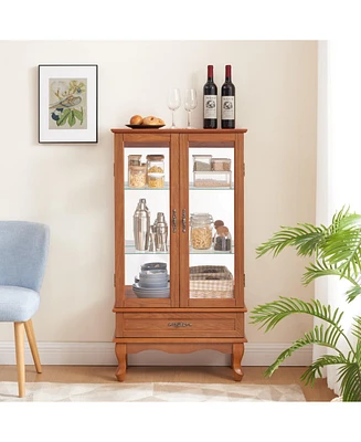 Lighted Glass Cabinet Glass Wine Cabinet Curio Display Cabinet with Adjustable Glass Shelves 2 Doors and 1 drawer Cabinet Bulb Included Oak