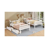 Twin Bunk Bed with 2 Drawers, Convertible Twin Beds, Ladder, Guardrails, White