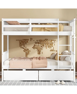 Twin Bunk Bed with 2 Drawers, Convertible Twin Beds, Ladder, Guardrails, White