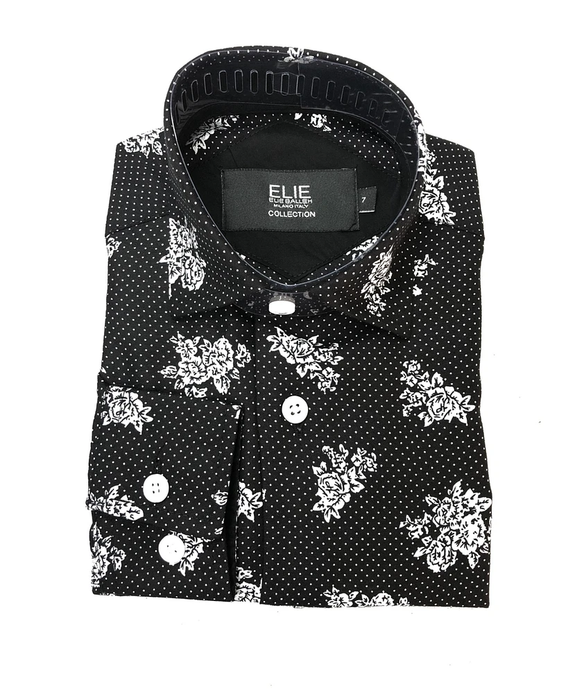Elie Balleh Big Boys Black White Floral Print Button-Down Slim Fit Shirt