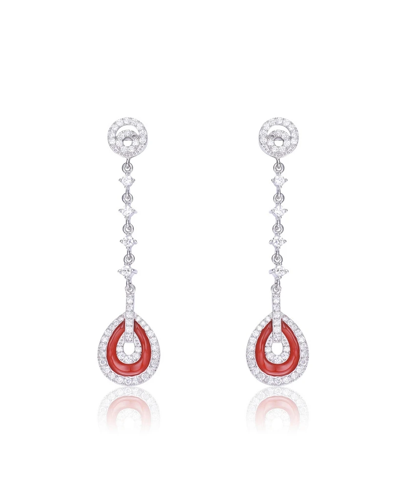 Sterling Silver White Gold Plating with Red Cubic Zirconia Drop Earrings