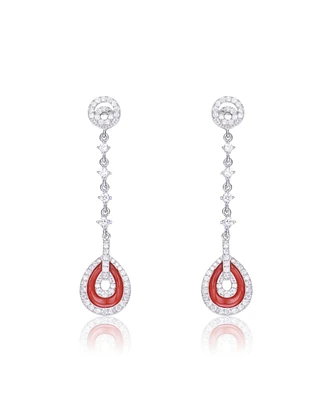 Sterling Silver White Gold Plating with Red Cubic Zirconia Drop Earrings