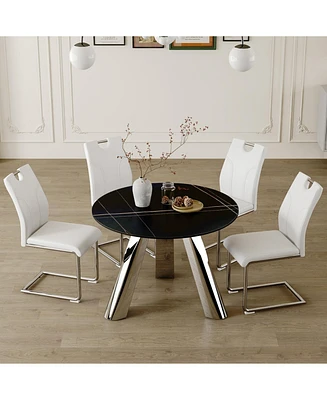 Round Stainless Steel Table and 4 White Dining Chairs with Silver Metal Legs