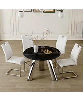 Round Stainless Steel Table and 4 White Dining Chairs with Silver Metal Legs