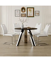 Round Stainless Steel Table and 4 White Dining Chairs with Silver Metal Legs