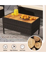 4 Pcs Patio Wicker Sofa Set with Coffee Table Acacia Wood Armrests & Tabletop