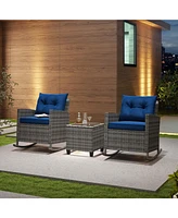 3 Pcs Patio Wicker Rocking Set with Tempered Glass Table & Soft Cushions Outdoor