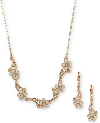 Anne Klein Gold-Tone Pave & Imitation Pearl Flower Statement Necklace & Drop Earrings Set