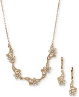 Anne Klein Gold-Tone Pave & Imitation Pearl Flower Statement Necklace & Drop Earrings Set