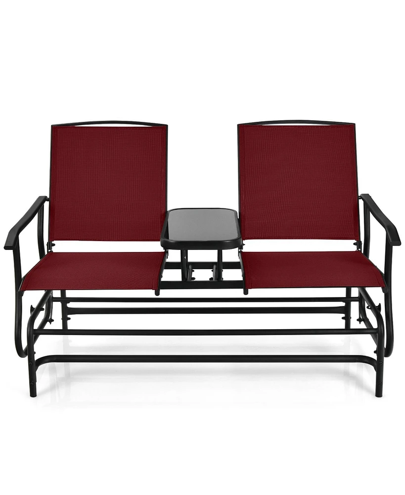 2-Person Double Rocking Loveseat with Mesh Fabric and Center Tempered Glass Table
