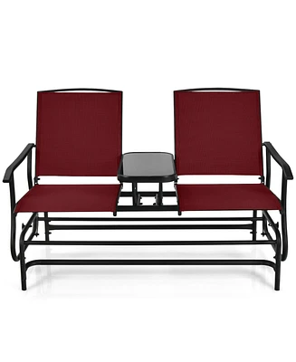 2-Person Double Rocking Loveseat with Mesh Fabric and Center Tempered Glass Table