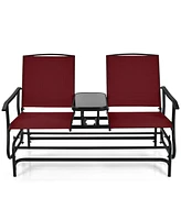 2-Person Double Rocking Loveseat with Mesh Fabric and Center Tempered Glass Table