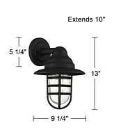 Marlowe Rustic Industrial Nautical Outdoor Wall Light Fixtures Set of 2 Black Hooded Cage 13" Clear Glass for Post Exterior Barn Deck House Home