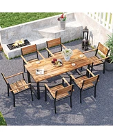 7 Pcs Acacia Wood Patio Dining Set 6 Armchairs and 69" Table with 2" Umbrella Hole