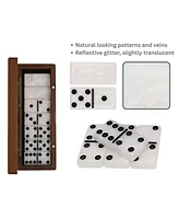 We Games Double 6 Marbleized Dominoes in Magnetic Wooden Travel Box, White Color