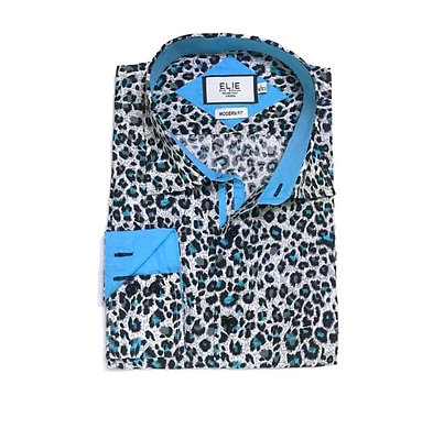 Elie Balleh Little Boys Teal Slim Fit Leapord Button-Down Shirt