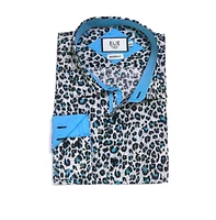 Elie Balleh Little Boys Teal Slim Fit Leapord Button-Down Shirt