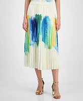 T Tahari Women's Brushstroke-Print Pleated Midi Skirt