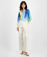 T Tahari Women's Watercolor-Print Long-Sleeve Blouse