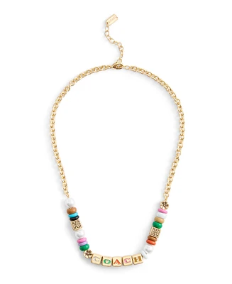 Coach Faux Cultivated Pearl Signature Logo Enamel Mixed Beaded Necklace