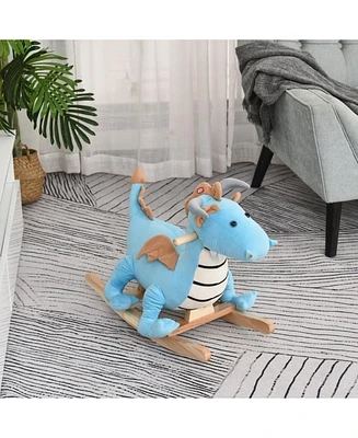 Kids Plush Ride-On Rocking Horse Toy Dinosaur Ride Rocking Chair with Realistic Sounds for18-36 Months, Blue