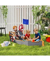 Outsunny 62 in. Wooden Kids box with Bottom Liner, Seats, Storage,