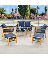 7 Piece Conversation Set Rattan Woven Chair Set with 2 Coffee Tables & 2 Ottomans