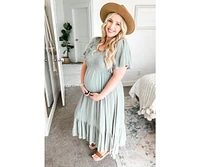 Pinkblush Maternity Light Olive Smocked V-Neck Midi Dress
