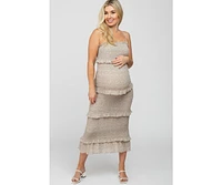 Pinkblush Maternity Taupe Leaf Print Smocked Fitted Midi Dress