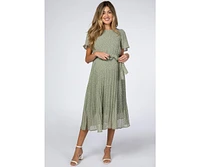 Pinkblush Maternity Light Olive Leaf Print Pleated Midi Dress