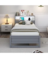 Gymax Twin Wooden Bed Frame w/ Charging Station & Led Light Storage Headboard