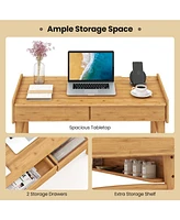 Bamboo Writing Desk with 2 Storage Drawers and Open Shelf